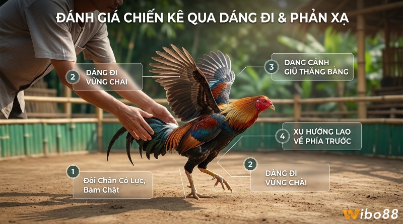 Đánh giá chiến kê qua dáng đi và phản xạ, gà được thả dang cánh giữ thăng bằng, chân có lực bám chặt, dáng đi vững chãi, xu hướng lao về phía trước