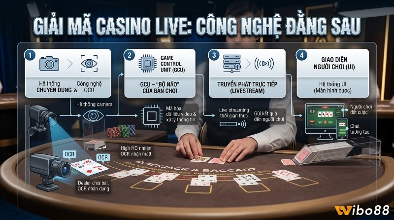 Giải mã công nghệ casino live: quy trình camera, OCR nhận dạng bài, GCU xử lý, livestream và giao diện người chơi đặt cược trong casino live là gì