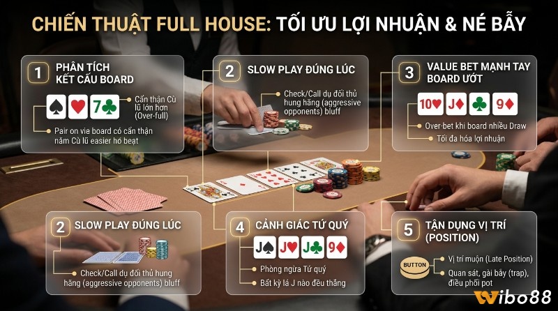 Chiến thuật Full house poker tối ưu lợi nhuận, né bẫy. 5 mẹo poker: phân tích board A77, slow play, value bet board 10J99, cảnh giác Tứ quý JJJ9, tận dụng vị trí