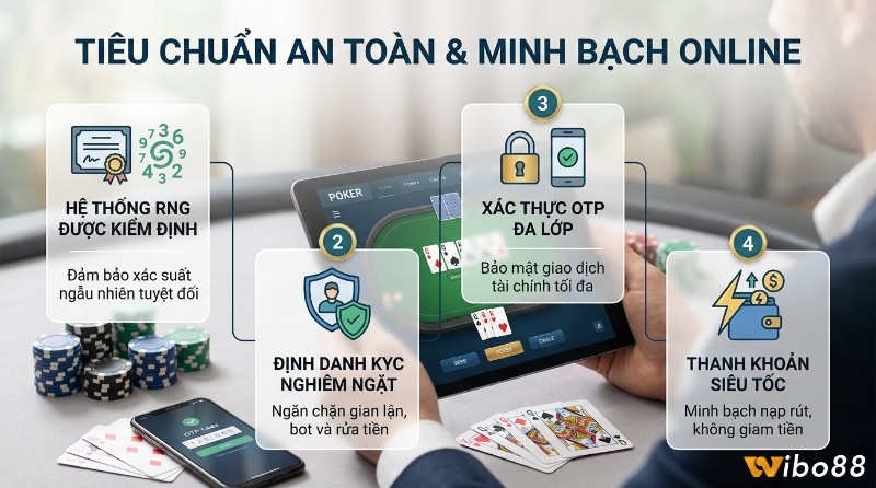 Tiêu chuẩn an toàn và minh bạch online với hệ thống RNG kiểm định, định danh KYC, xác thực OTP đa lớp, thanh khoản siêu tốc cho poker trực tuyến