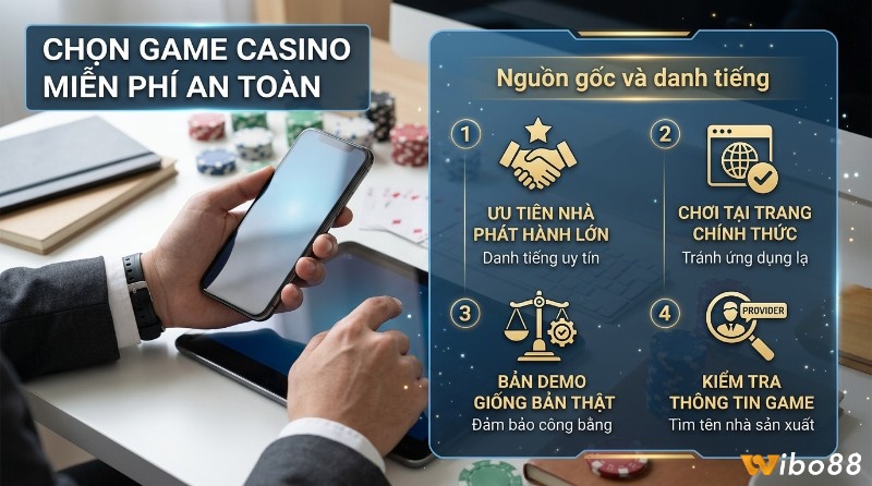 Tiêu chí chọn game casino miễn phí an toàn: infographic nguồn gốc, danh tiếng, ưu tiên nhà phát hành lớn, chơi trang chính thức, bản demo giống thật, kiểm tra provider