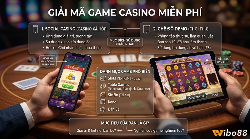 Giải mã game casino miễn phí: Social Casino (mua xu ảo) và Chế độ Demo (tín dụng vô hạn) trên điện thoại, máy tính bảng, với Slots, Table Games, Sic Bo