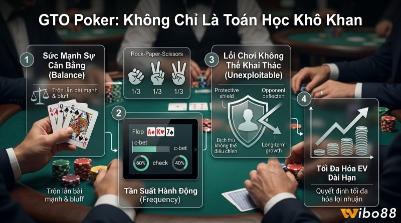 Chiến lược GTO Poker là gì cân bằng bài mạnh/bluff, tần suất c-bet 60% check 40% trên flop A K 7, lối chơi không thể khai thác, tối đa hóa lợi nhuận dài hạn