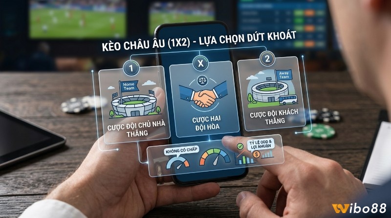 Kèo châu Âu (1X2) hiển thị trên điện thoại với 3 lựa chọn: cược đội chủ nhà thắng, hòa, hoặc đội khách thắng, cùng thông tin không chấp, tỷ lệ odd và lợi nhuận