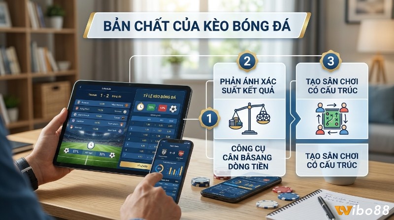 Bản chất kèo bóng đá là gì hiển thị trên tablet, điện thoại với lịch đấu, tỷ lệ cược, giải thích xác suất, cân bằng dòng tiền, sân chơi có cấu trúc