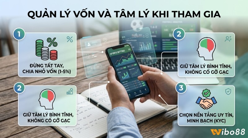 Quản lý vốn và giữ vững tâm lý, khi cá cược với các nguyên tắc như chia nhỏ ngân sách từ 1–5%, duy trì sự bình tĩnh và ưu tiên lựa chọn nền tảng uy tín có xác minh KYC