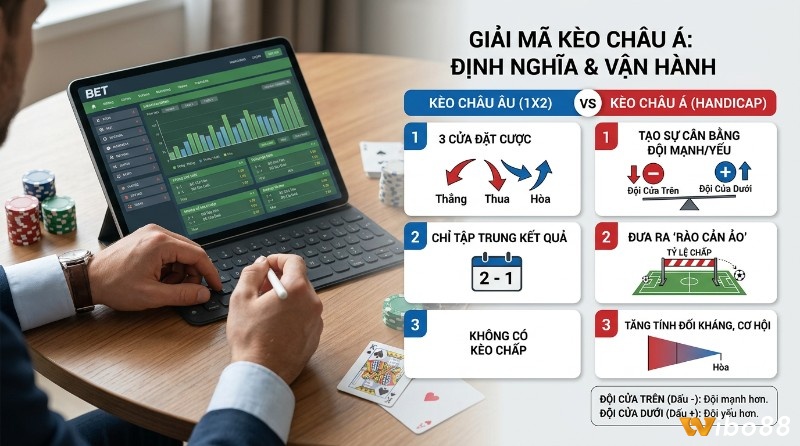 Giải mã kèo châu Á là gì, so sánh với kèo châu Âu (1X2) qua các yếu tố cân bằng đội mạnh yếu, rào cản ảo, và tăng tính đối kháng, hiển thị trên tablet