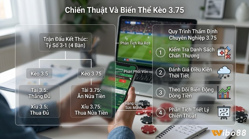 Phân tích chiến thuật&nbsp;kèo tài xỉu 3.5 là gì và biến thể kèo 3.75, giải thích cách tính thắng thua Tài/Xỉu 3.5 và 3.75 khi tỷ số 3-1, cùng 4 bước thẩm định 