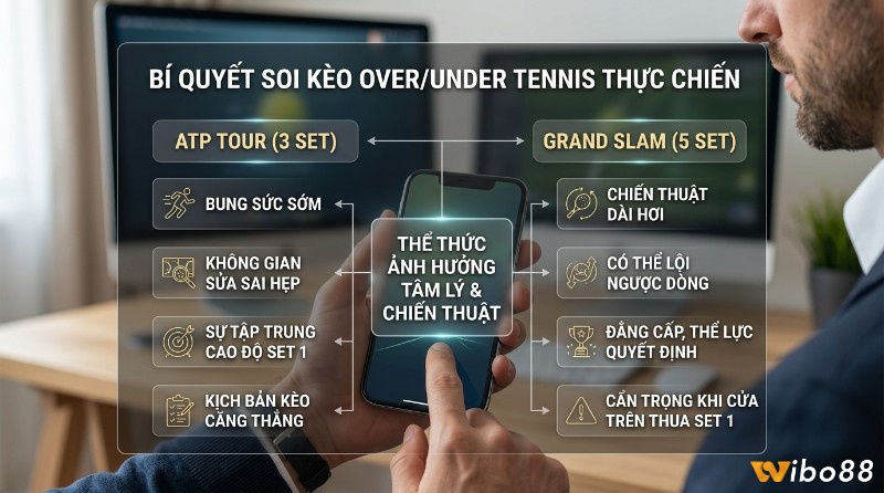 Bí quyết soi kèo tennis over/under thực chiến phân tích thể thức 3 set ATP Tour và 5 set Grand Slam ảnh hưởng tâm lý, chiến thuật, bung sức sớm hay lội ngược dòng