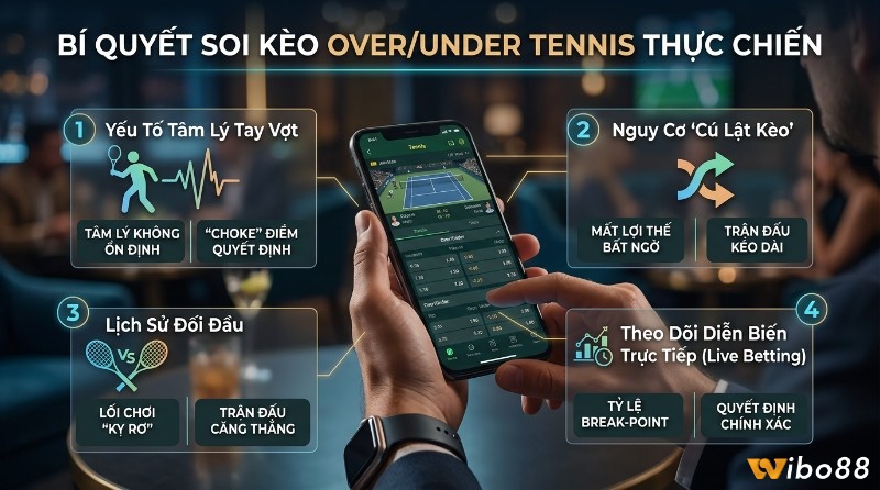 Bí quyết soi kèo tennis over/under thực chiến qua yếu tố tâm lý, lịch sử đối đầu, nguy cơ lật kèo và theo dõi live betting trên ứng dụng điện thoại
