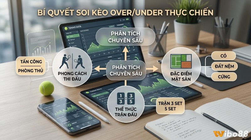 Bí quyết soi kèo tennis over/under, phân tích phong cách thi đấu, đặc điểm mặt sân (cỏ, đất nệm, cứng) và thể thức trận đấu (3, 5 set)