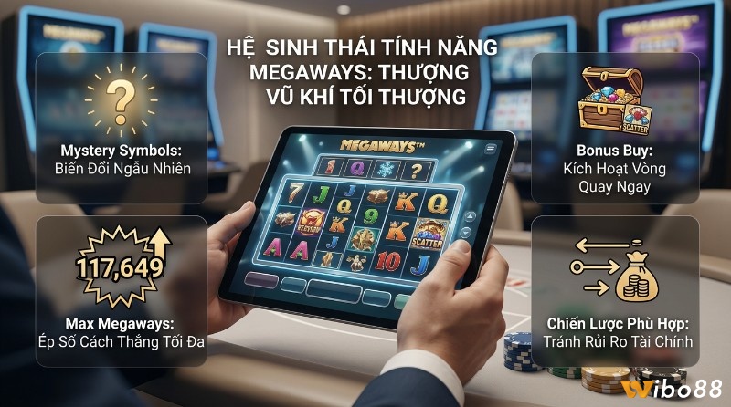 Hệ sinh thái tính năng nổ hũ Megaways trên máy tính bảng, gồm Mystery Symbols, Max Megaways ép 117.649 cách thắng, Bonus Buy và chiến lược tránh rủi ro tài chính