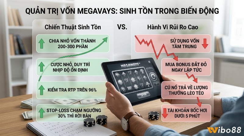 Quản trị vốn nổ hũ Megaways: so sánh chiến thuật sinh tồn (chia vốn 200-300 phần, cược nhỏ, RTP > 96%, stop-loss 30%) với hành vi rủi ro cao