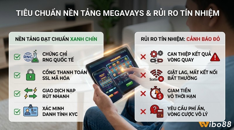 Tiêu chuẩn nền tảng nổ hũ Megaways xanh chín gồm chứng chỉ RNG, SSL, giao dịch nhanh, KYC. Cảnh báo rủi ro tín nhiệm: can thiệp kết quả, giật lag, giam tiền, phí ẩn