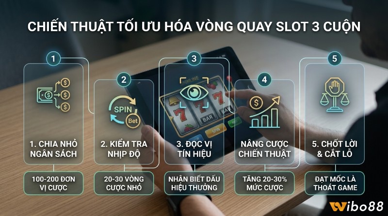 Chiến thuật tối ưu vòng quay nổ hũ slot 3 cuộn với 5 bước: chia ngân sách 100-200 đơn vị, kiểm tra nhịp độ 20-30 vòng, đọc tín hiệu thưởng, nâng cược 20-30%, chốt lời/cắt lỗ