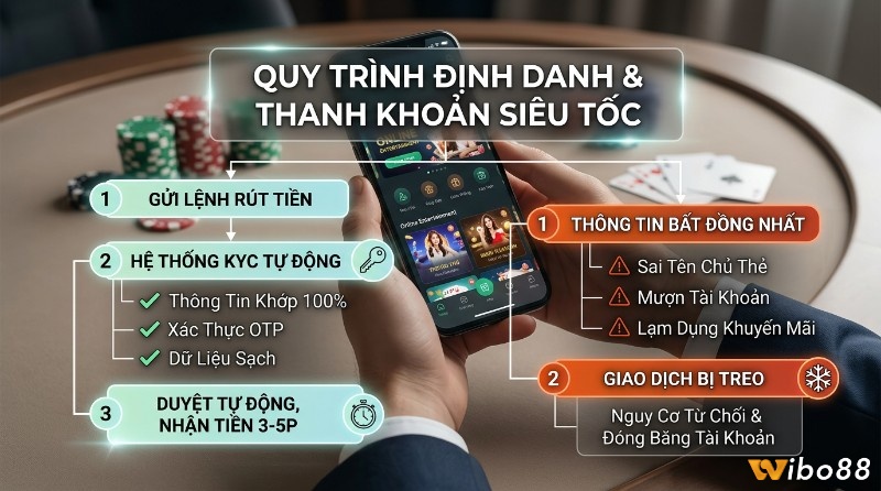 Quy trình định danh KYC siêu tốc: thông tin khớp 100%, OTP, dữ liệu sạch giúp rút tiền tự động 3-5 phút; thông tin bất đồng nhất gây treo giao dịch