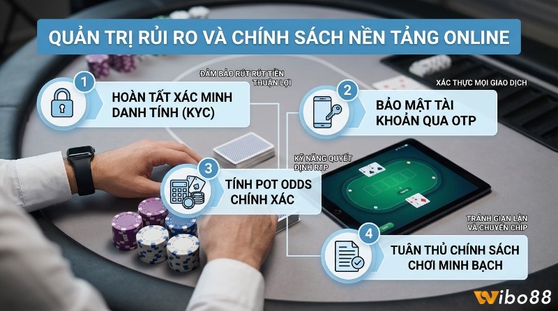 Quản trị rủi ro và chính sách nền tảng poker online: hoàn tất KYC, bảo mật OTP, tính Pot odds poker là gì, tuân thủ quy tắc minh bạch