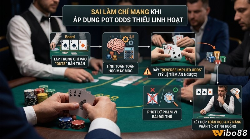 Sai lầm áp dụng Pot odds poker là gì thiếu linh hoạt: tập trung outs, tính toán máy móc, phớt lờ phạm vi bài đối thủ, dẫn đến bẫy Reverse Implied Odds