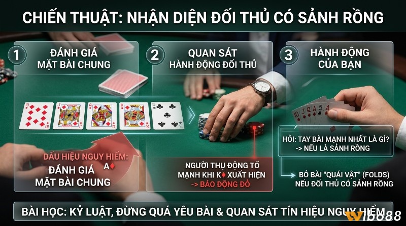 Nhận diện đối thủ có Sảnh rồng Poker là gì: đánh giá mặt bài chung 10♦ J♦ Q♦ K♦ 5♣, A♦, quan sát hành động tố mạnh của đối thủ, kỷ luật bỏ bài