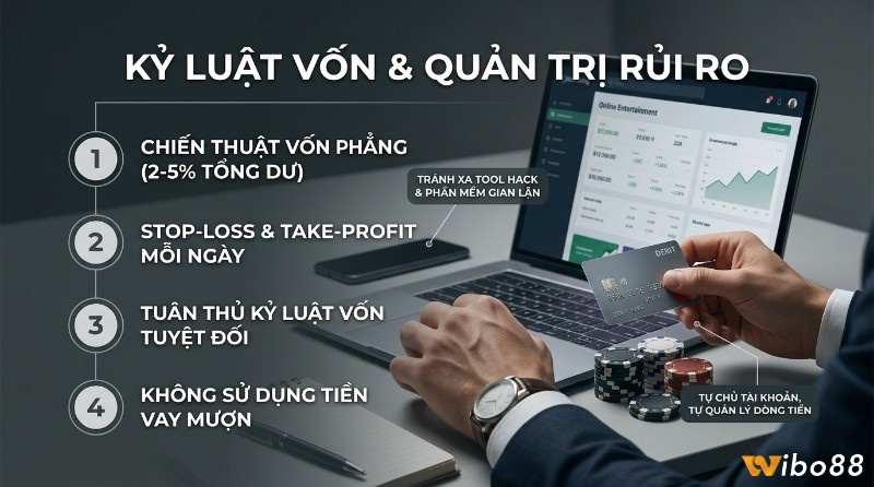 Kỷ luật vốn & quản trị rủi ro với chiến thuật vốn phẳng, stop-loss, không dùng tiền vay mượn, tránh tool hack trên laptop, thẻ debit, chip poker