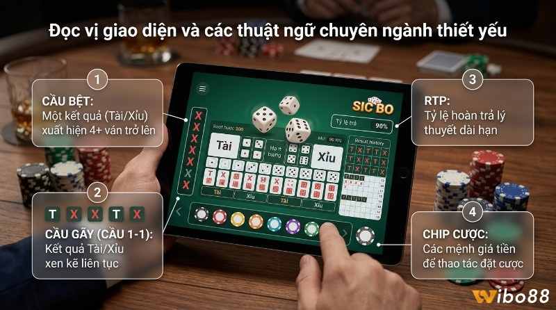 Đọc vị giao diện và thuật ngữ Sic Bo, giải thích Cầu bệt, Cầu gãy, RTP, Chip cược trên màn hình máy tính bảng hiển thị lịch sử kết quả Tài Xỉu và tỷ lệ trả 90