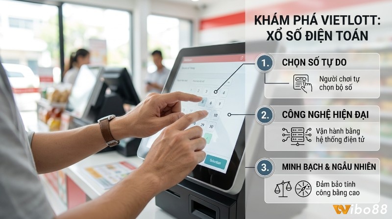 Vietlott xổ số điện toán cho phép người chơi tự chọn số trên thiết bị đầu cuối, với công nghệ hiện đại, minh bạch và ngẫu nhiên trong xổ số Vietlott là gì