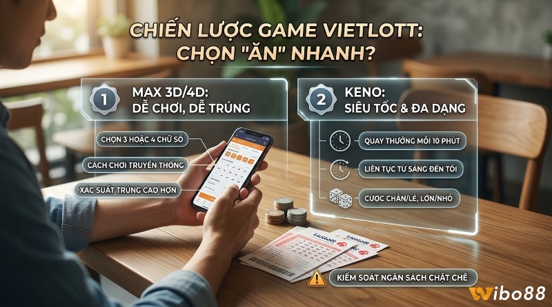 Chiến lược game Vietlott chọn "ăn" nhanh: Max 3D/4D dễ chơi, dễ trúng, chọn 3-4 số. Keno siêu tốc, quay 10 phút, cược chẵn/lẻ, lớn/nhỏ, cần kiểm soát ngân sách