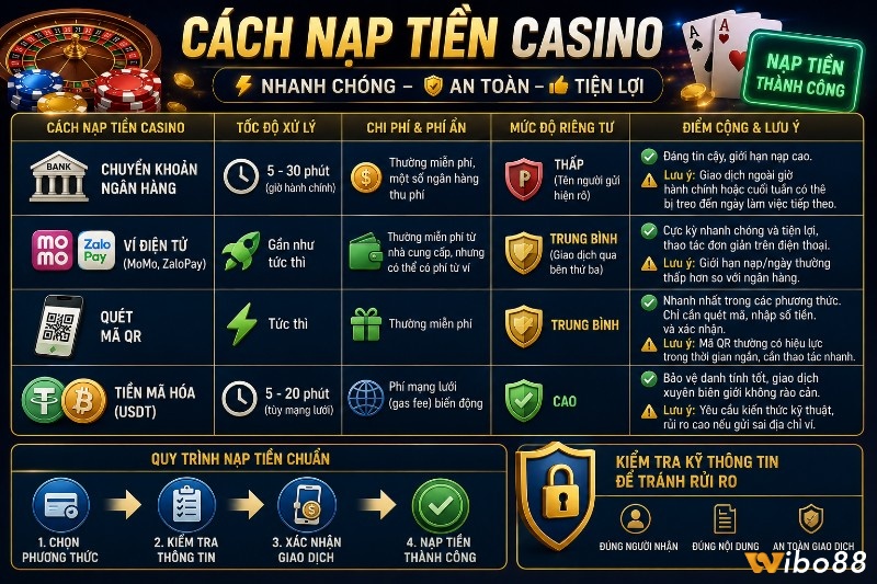 Cách nạp tiền casino hiệu quả: Chuyển khoản, ví điện tử, quét mã QR, tiền mã hóa