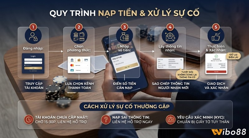 Quy trình cách nạp tiền casino 5 bước trên điện thoại: đăng nhập, chọn phương thức, nhập số tiền, lấy thông tin, xác nhận. Kèm xử lý sự cố: tài khoản chưa cập nhật, nạp sai, KYC