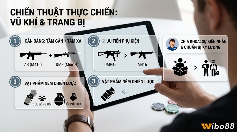 Chiến thuật thực chiến: tập trung vào việc phối hợp cân bằng giữa AR M416 và DMR Mini14, ưu tiên nâng cấp UMP45 bằng phụ kiện phù hợp, tận dụng vật phẩm ném một cách chiến lược và duy trì sự kiên nhẫn trong mọi tình huống giao tranh