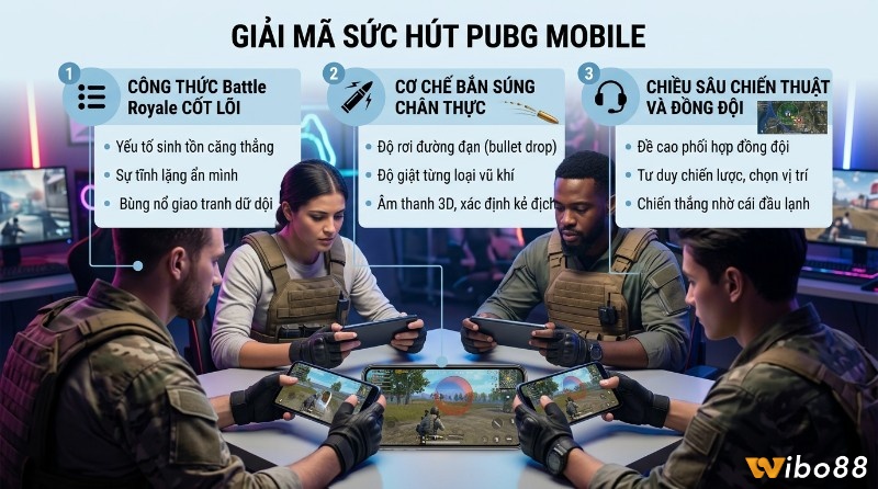 Giải mã sức hút game sinh tồn pubg mobile, với 4 người chơi trải nghiệm sinh tồn căng thẳng, bắn súng chân thực, chiến thuật và phối hợp đồng đội