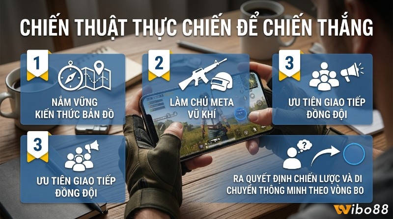 Chiến thuật thực chiến để chiến thắng game sinh tồn pubg mobile: nắm vững bản đồ, làm chủ meta vũ khí, ưu tiên giao tiếp đồng đội, ra quyết định chiến lược và di chuyển thông minh