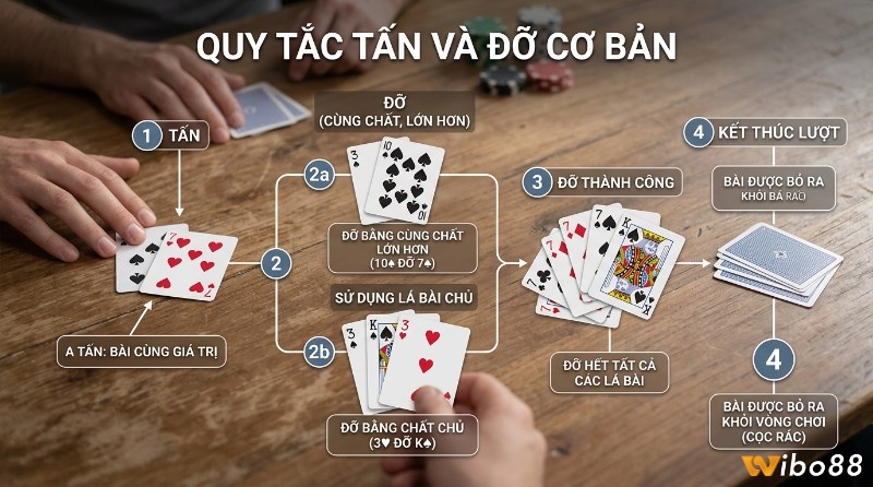 Quy tắc tấn – đỡ trong bài Tấn minh họa tình huống A đánh 7♠ và 7♥, còn B phòng thủ bằng 10♠ (cùng chất, giá trị cao hơn) hoặc 3♥ nếu ♥ là chất chủ
