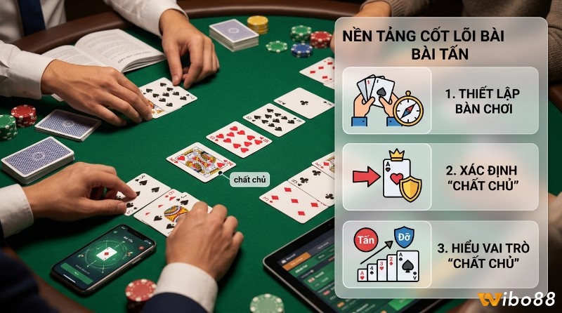 Nền tảng cốt lõi bài Tấn gồm người chơi, bộ bài và chip trên bàn. Infographic minh họa 3 bước: thiết lập bàn chơi, xác định chất chủ và hiểu vai trò của chất chủ trong ván đấu trong luật chơi tấn