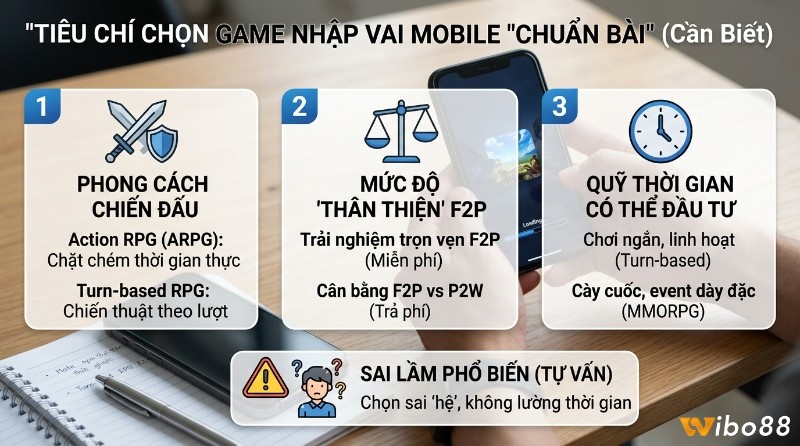 Tiêu chí chọn top game nhập vai mobile hay nhất: phong cách chiến đấu ARPG/Turn-based, mức độ thân thiện F2P, quỹ thời gian đầu tư, tránh sai lầm chọn sai hệ